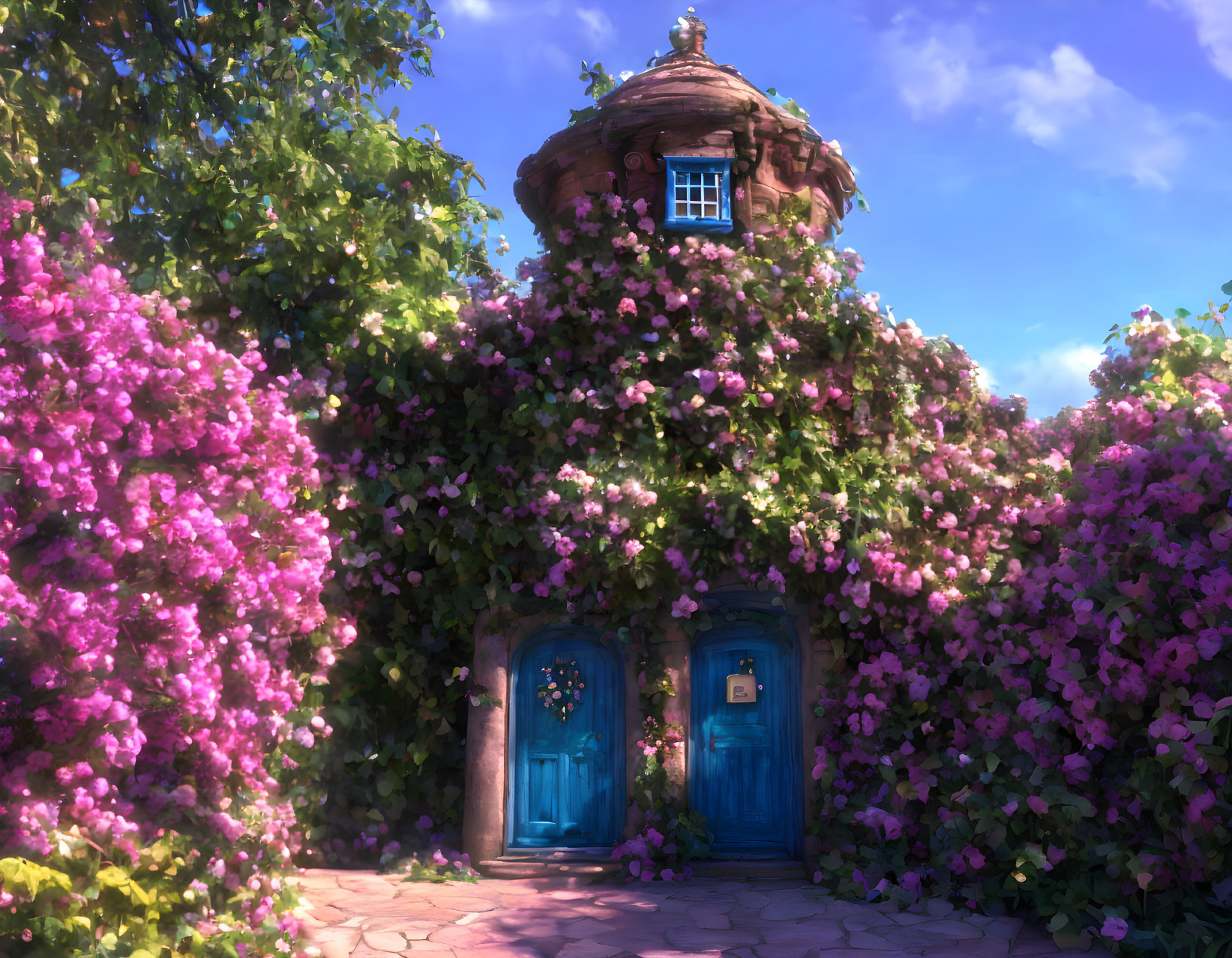 Stone Cottage with Pink Vines and Turquoise Door in Serene Garden