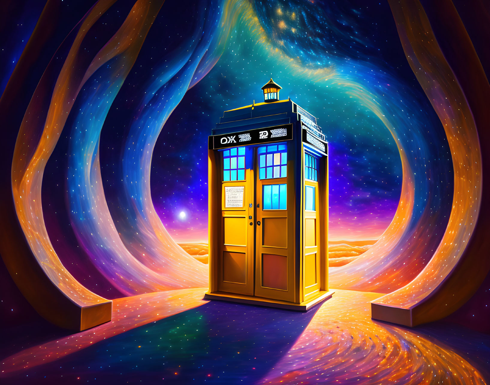 Blue police box illustration in cosmic backdrop with stars and nebulae