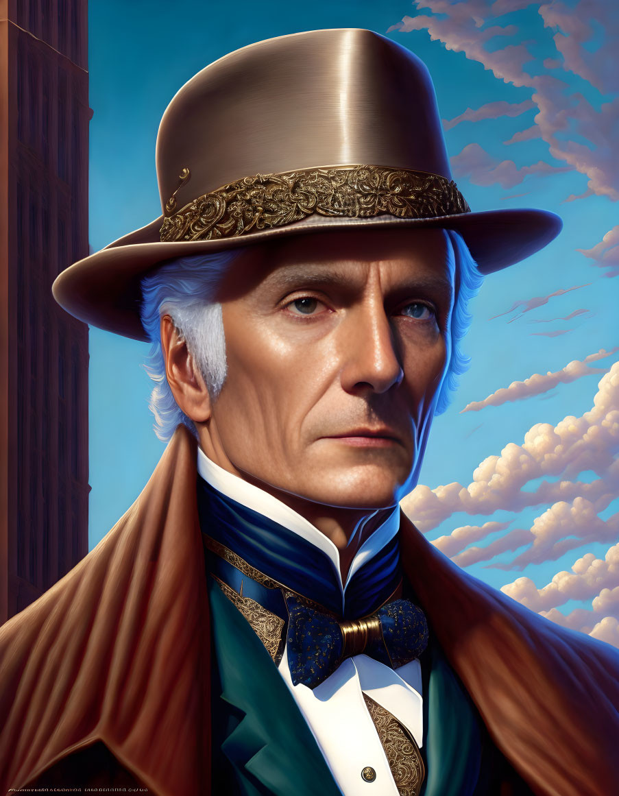 White-Haired Man in Bronze Top Hat and Teal Cravat with Blue Eyes