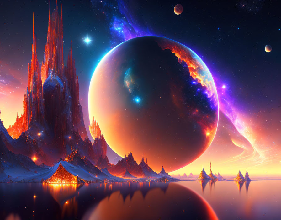 Colorful sci-fi landscape with large planet, alien spires, and cosmic sky