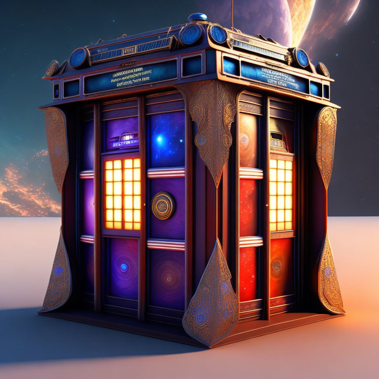 Digitally created ornate TARDIS against cosmic backdrop.