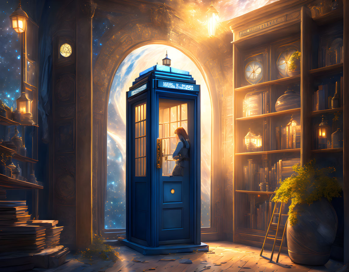 Woman in Magical Blue Telephone Booth Surrounded by Books and Celestial Motifs