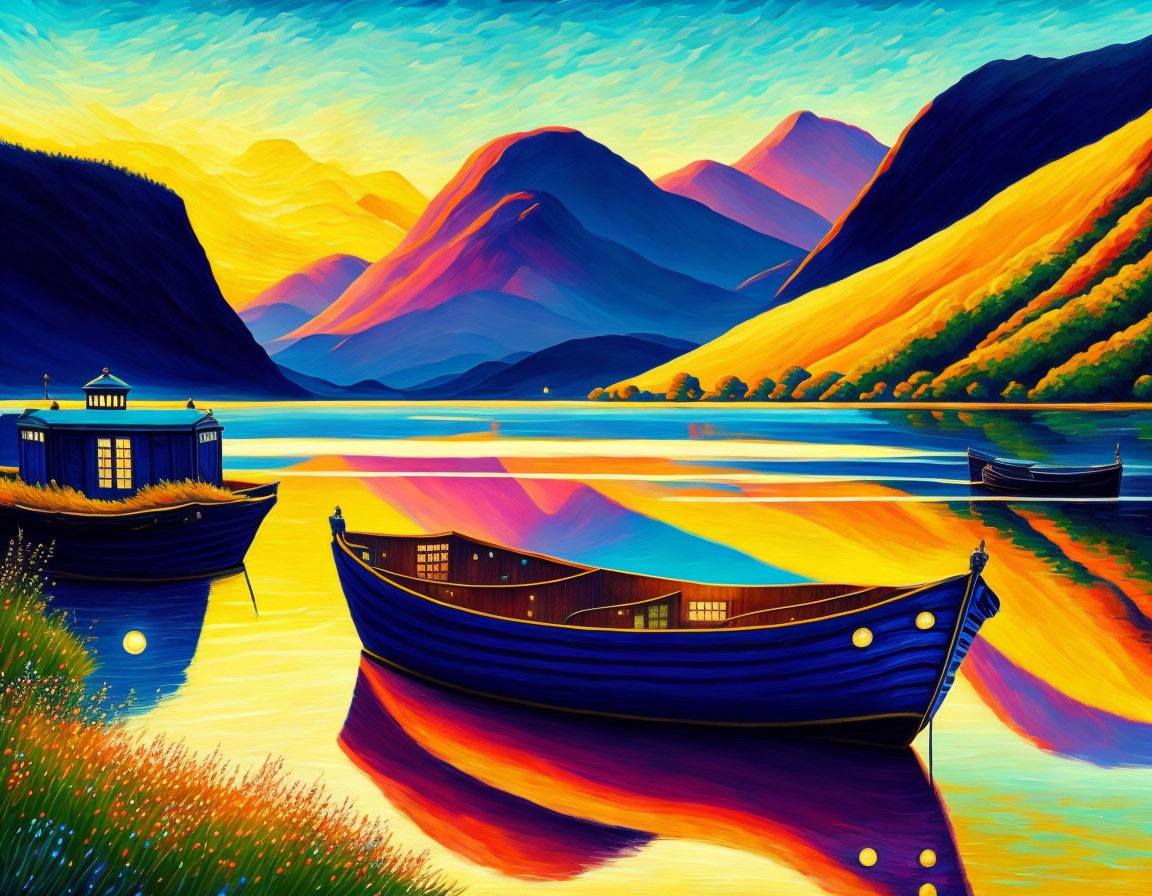 Scenic sunset painting of serene lake with boats and mountains