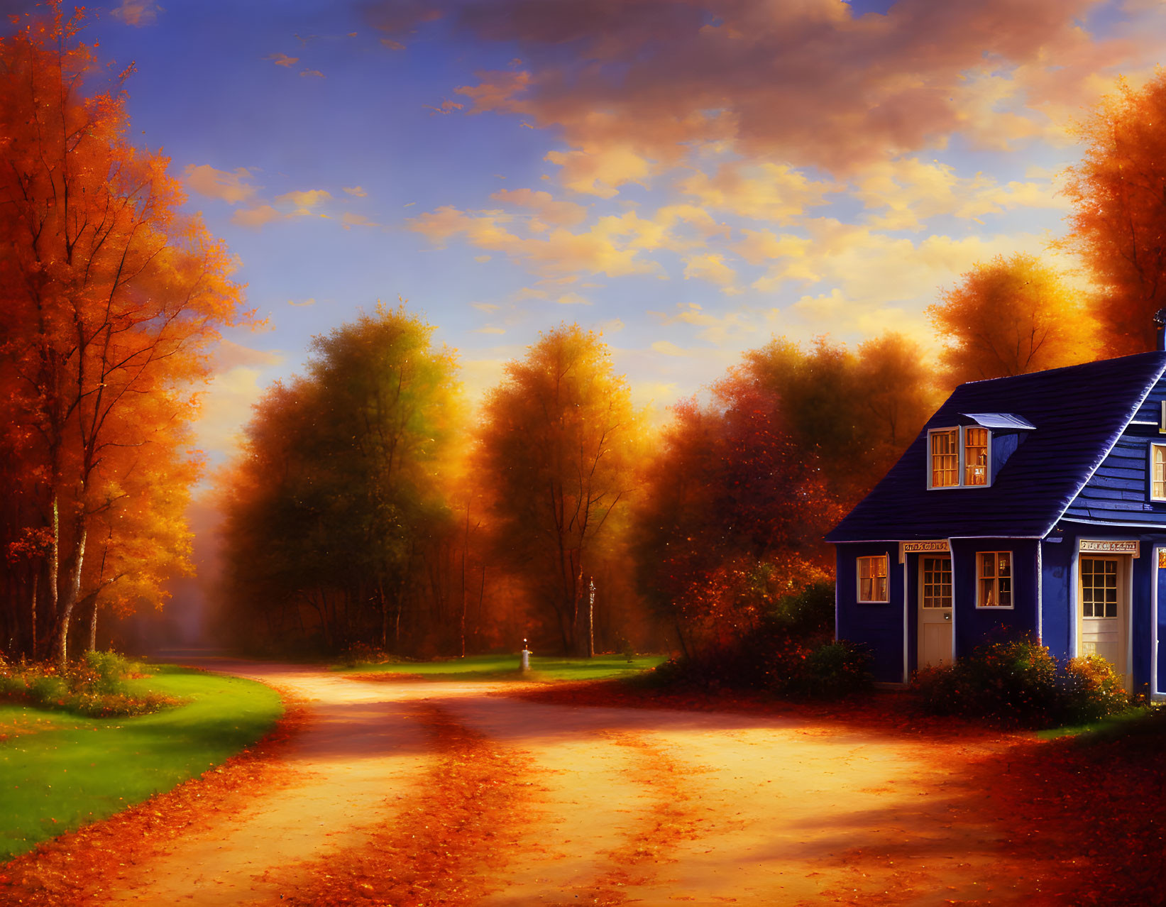 Scenic autumn landscape with blue house, winding road, golden trees, and cloudy sky