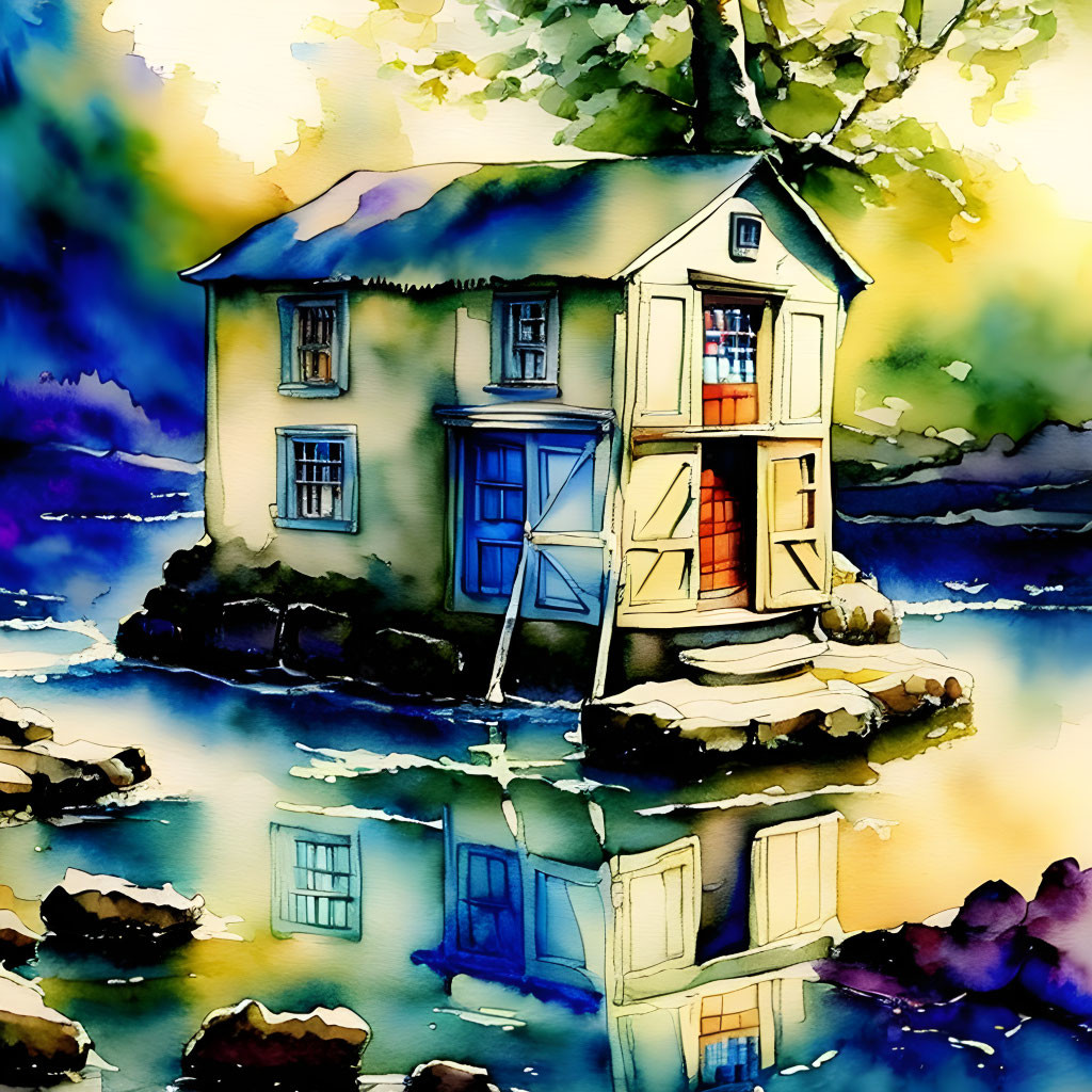 Vibrant watercolor painting of quaint house by calm waters