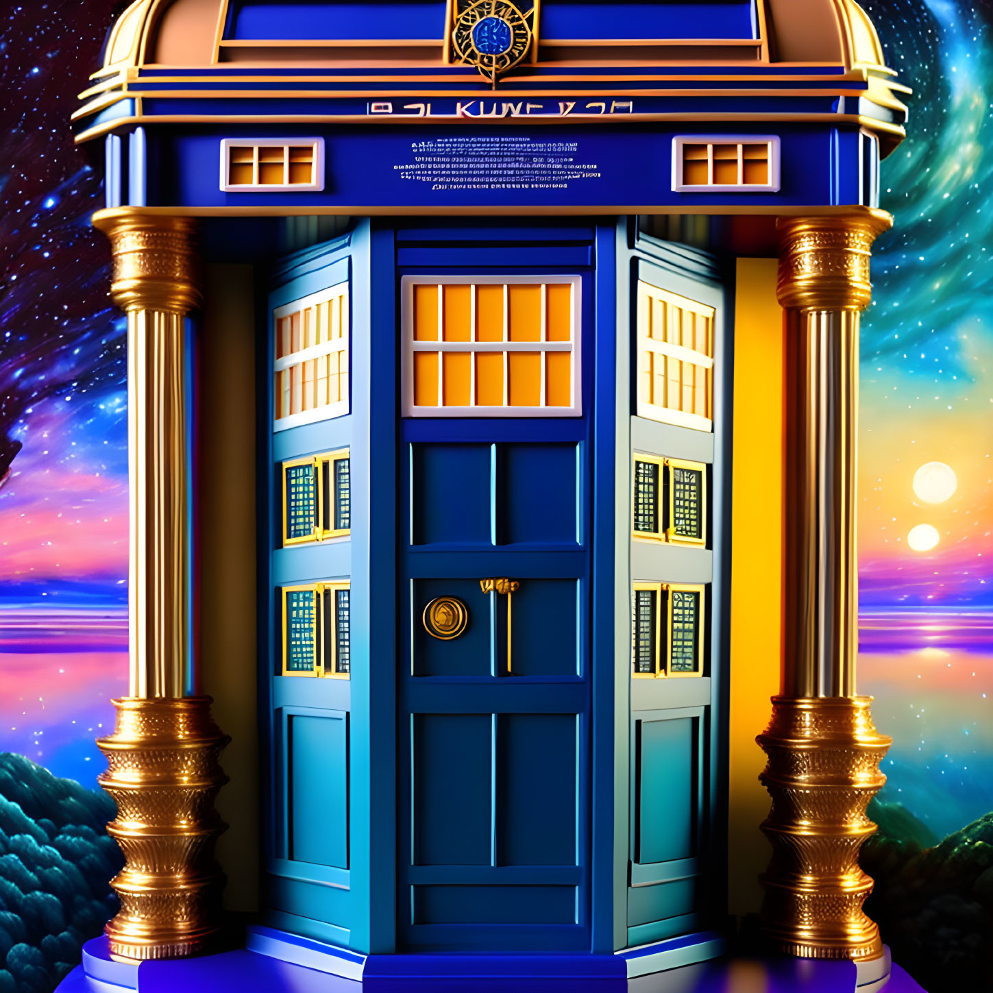 Blue Police Box with Golden Pillars in Cosmic Setting