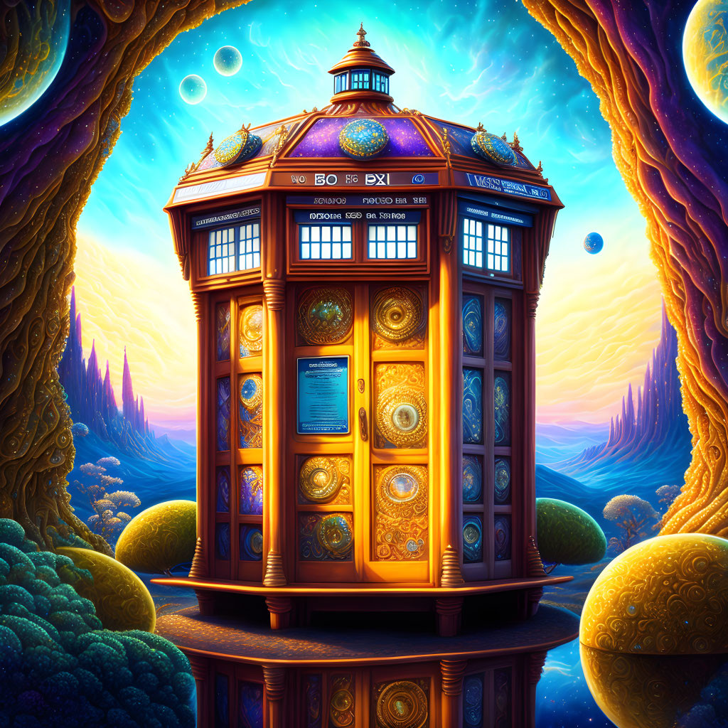 Detailed Illustration: Stylized Phone Booth in Fantastical Landscape