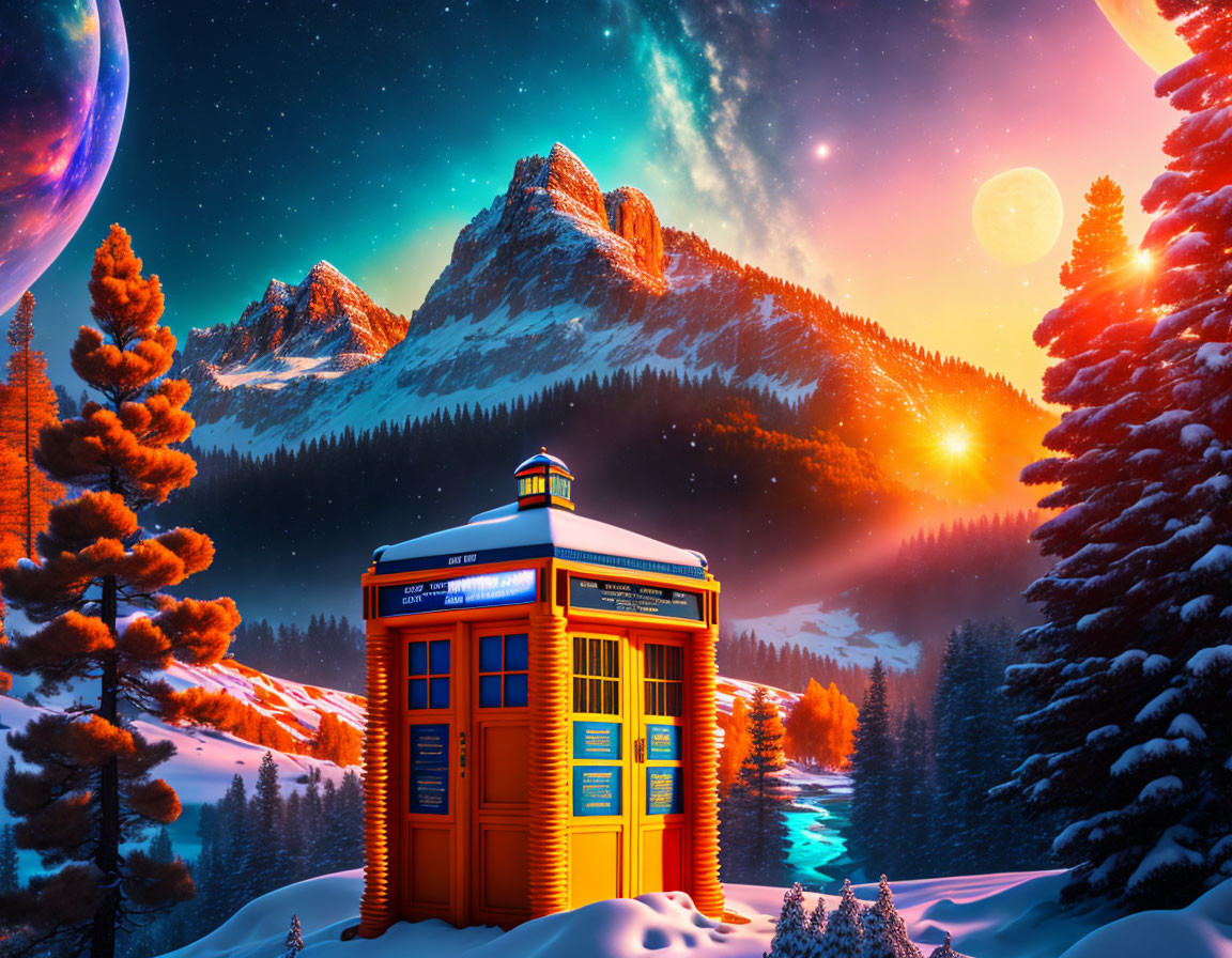 Fantasy landscape with red phone booth, snowy mountains, pine trees, and celestial sky.