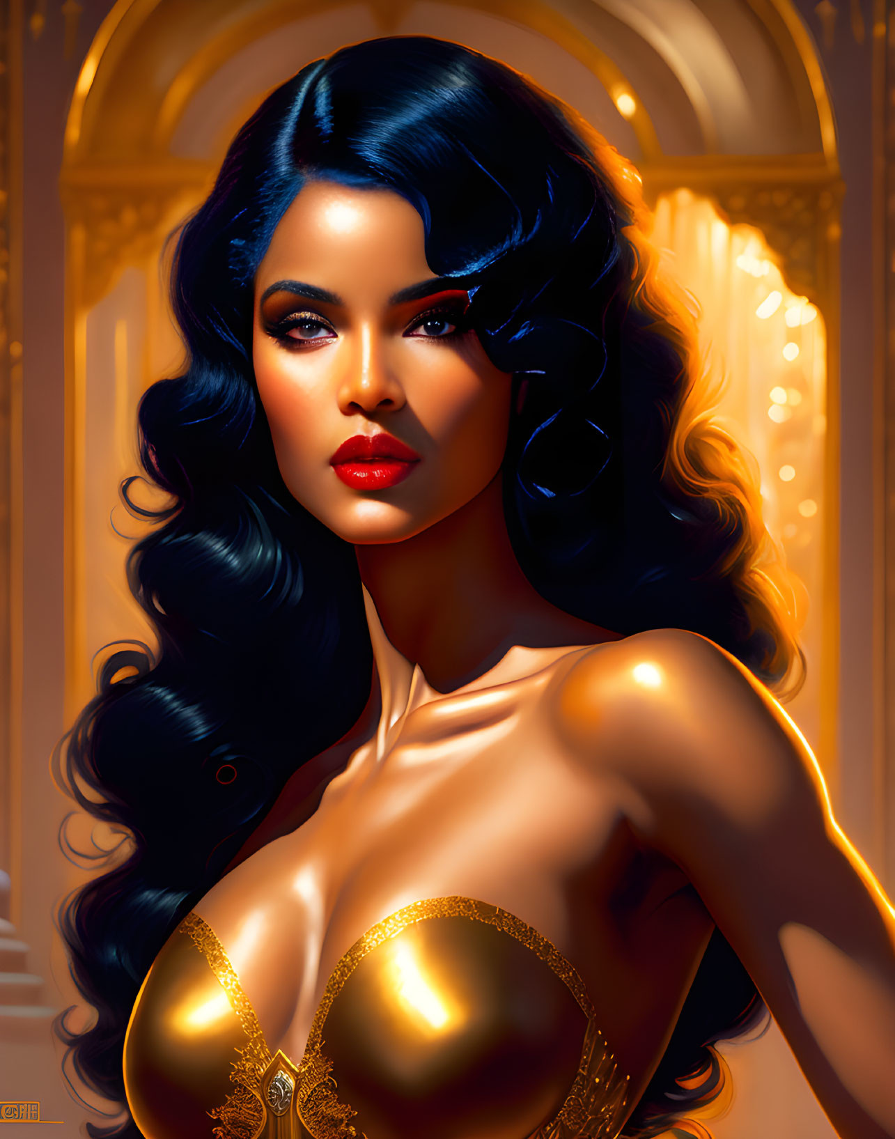 Stylized digital portrait of woman with black hair and blue eyes in golden outfit