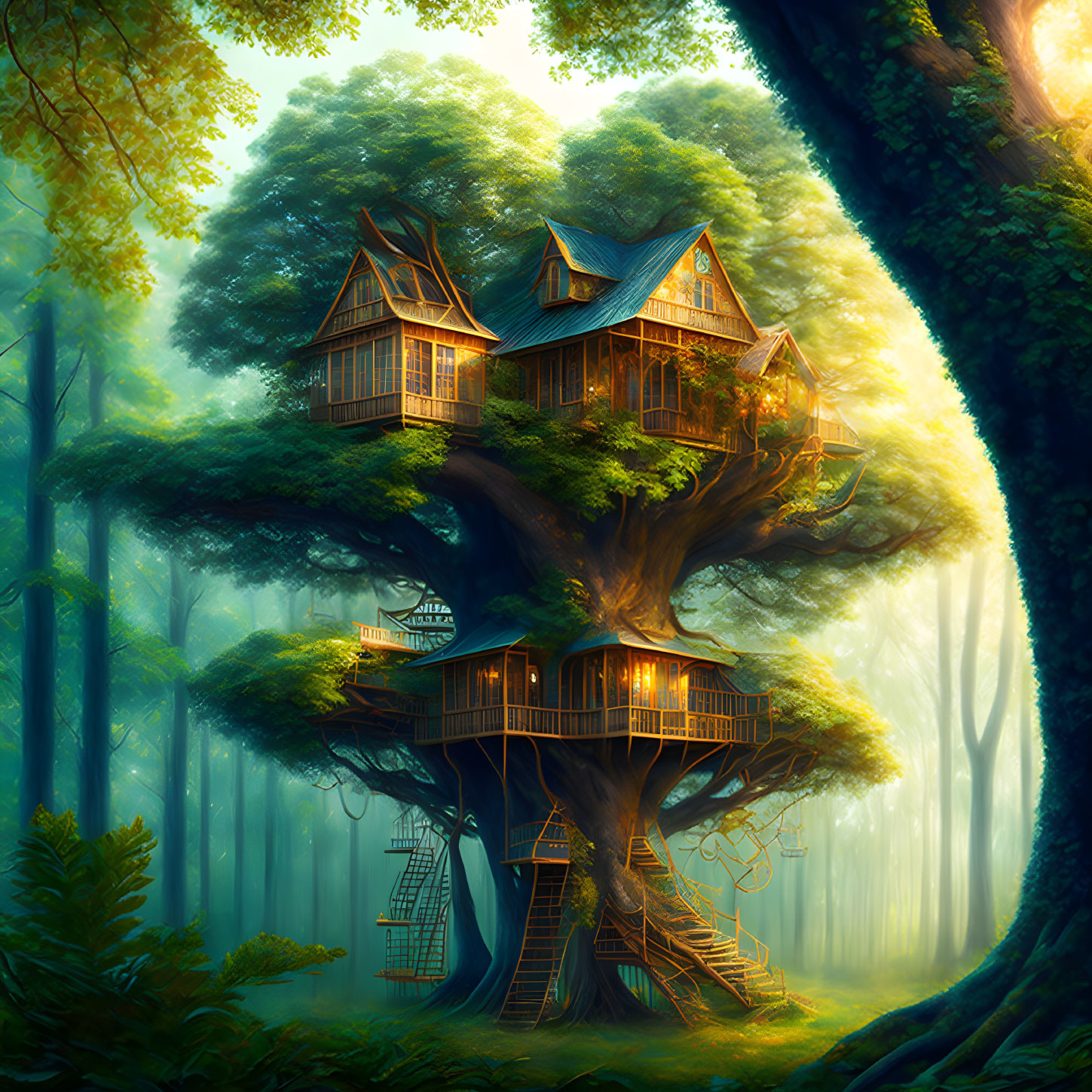 Enchanting treehouse in ancient tree with warm light