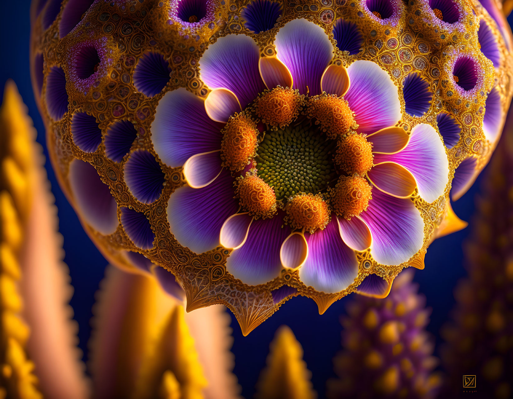 Colorful digital fractal flower in purple, gold, and orange hues on dark backdrop