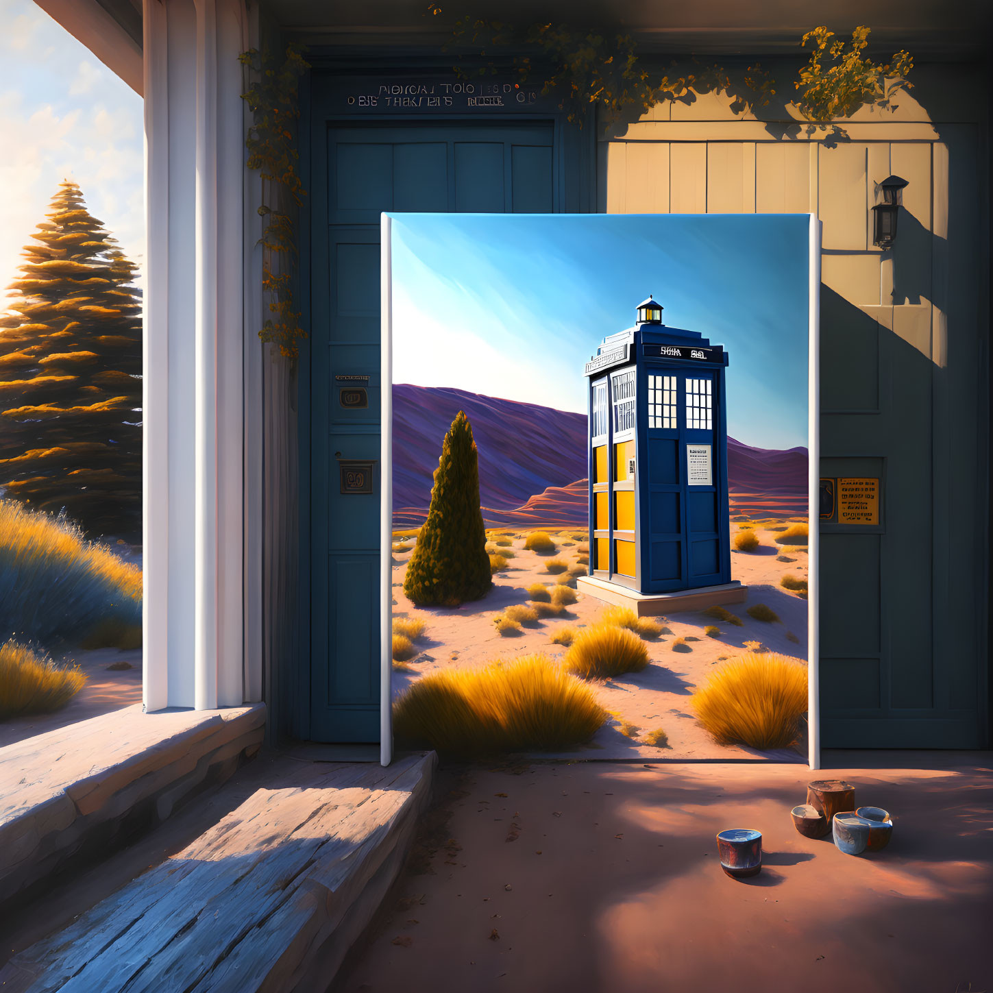 Surreal artwork featuring desert door and police box juxtaposed with house facade.