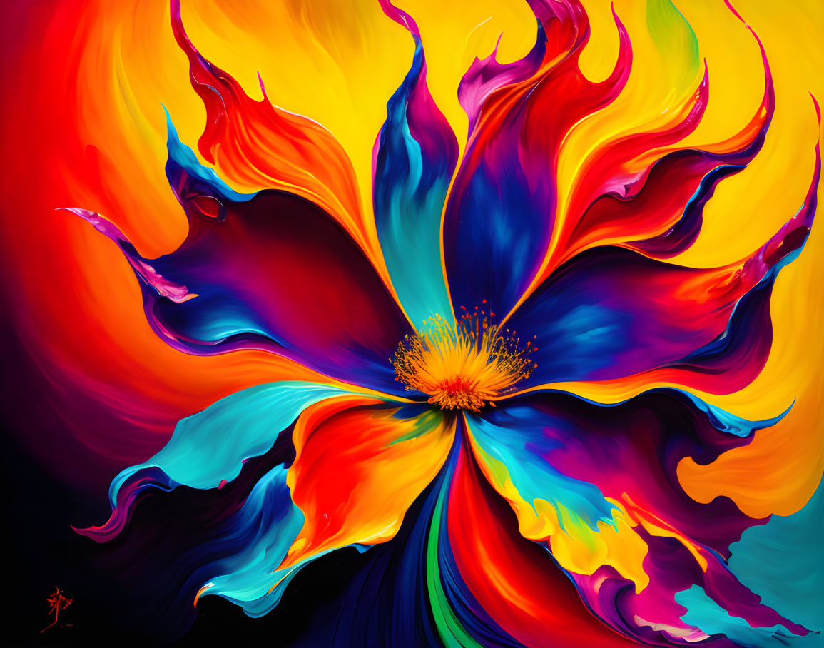 Colorful Stylized Flower Artwork with Swirling Petals on Dark Background