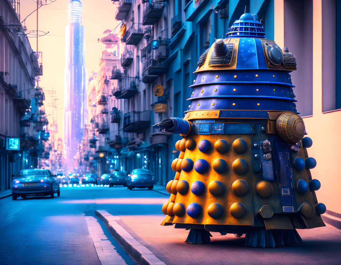 Futuristic Dalek on City Street at Dusk