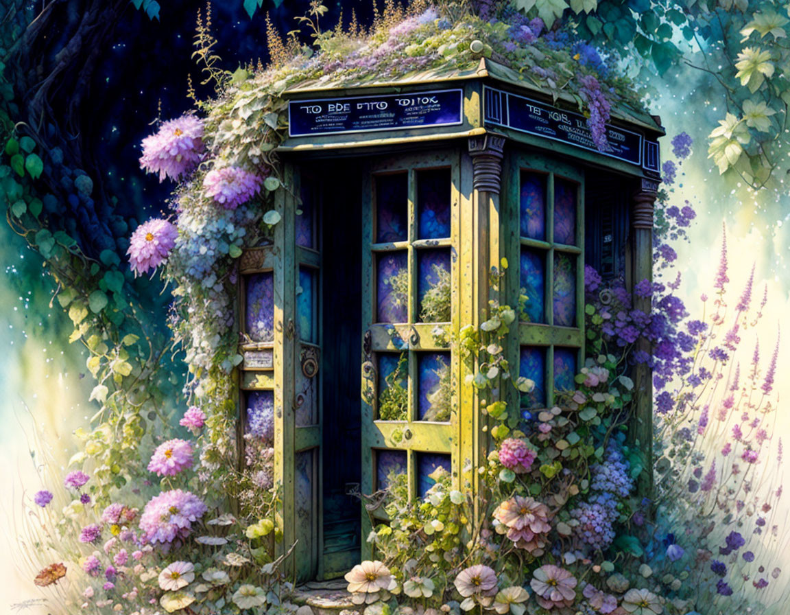 Illustration of overgrown phone booth in mystical forest