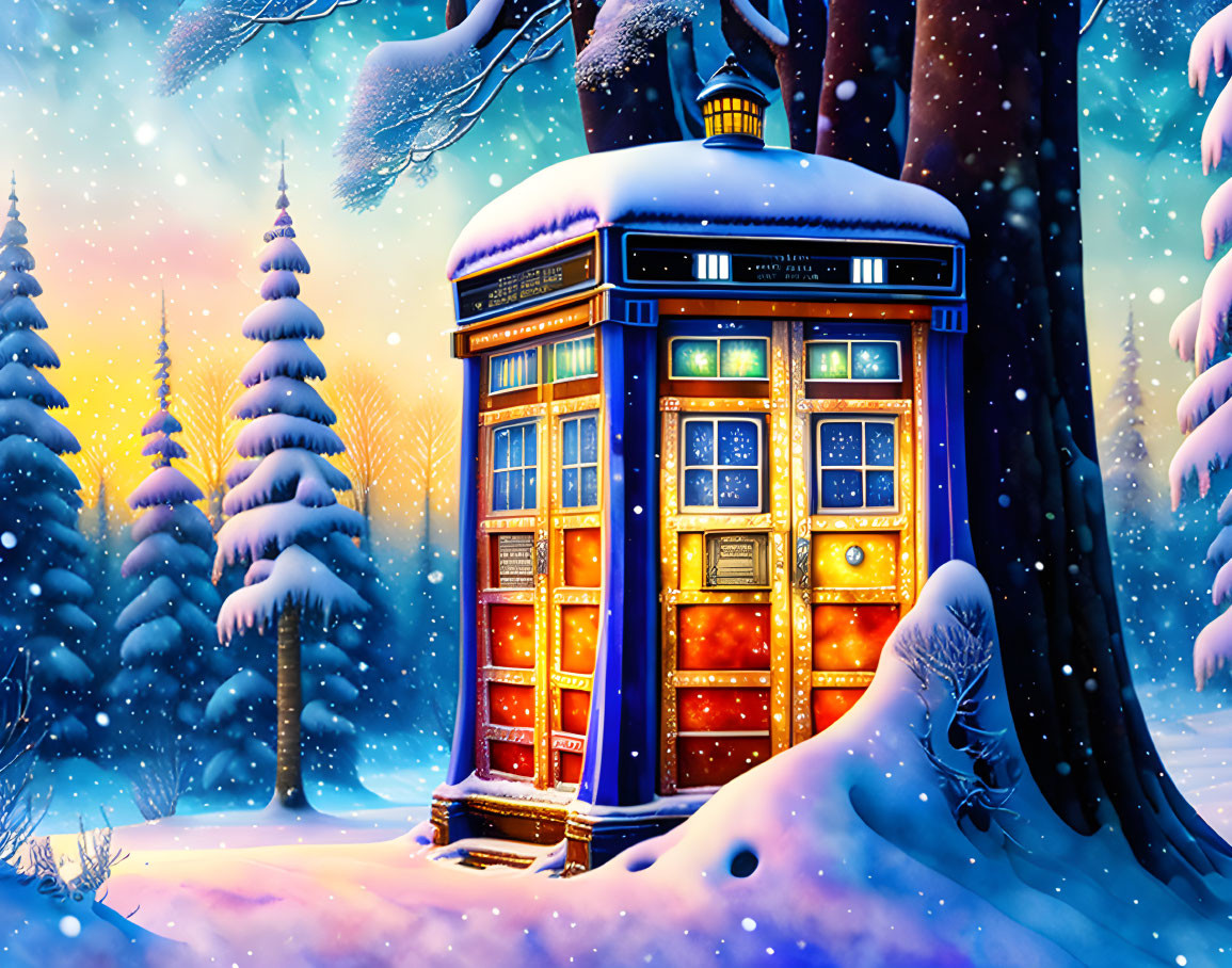 Vintage Red Telephone Box in Snowy Landscape at Twilight