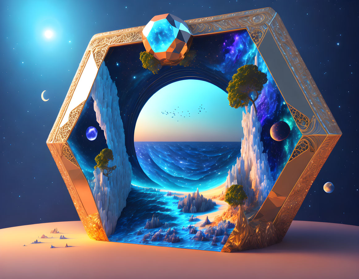 Surreal Landscape Portal Frame Overlooking Cosmic Sea