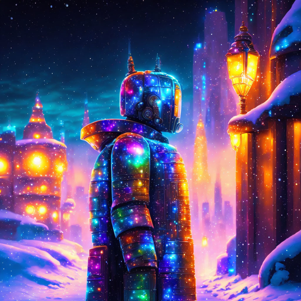 Colorful Galaxy Patterned Robot Contemplates Snowy Town at Night