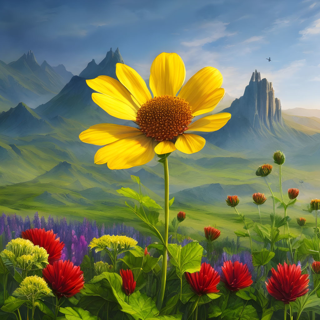 Colorful yellow flower in lush mountain landscape.