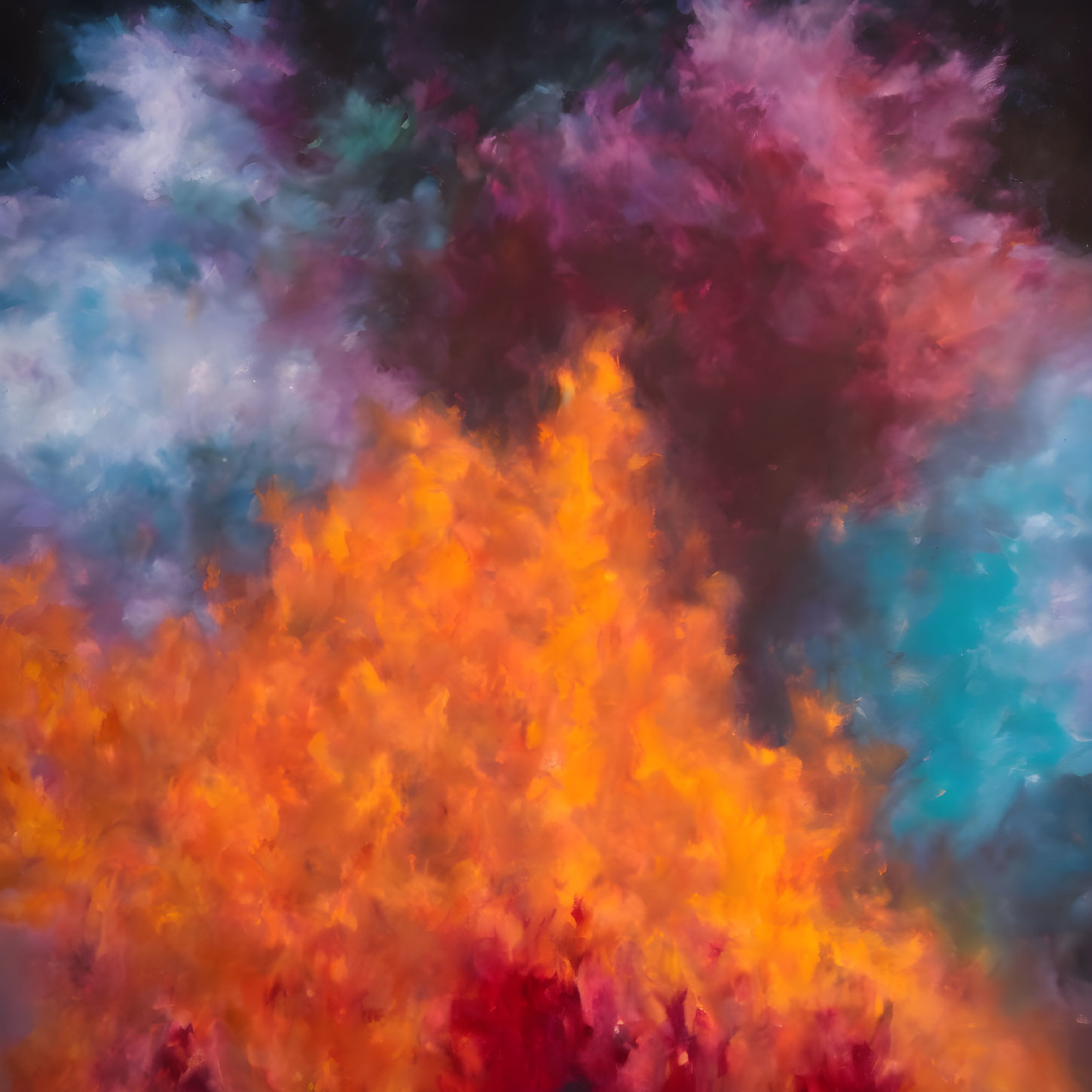 Vibrant abstract clouds in fiery and cool tones intermingle