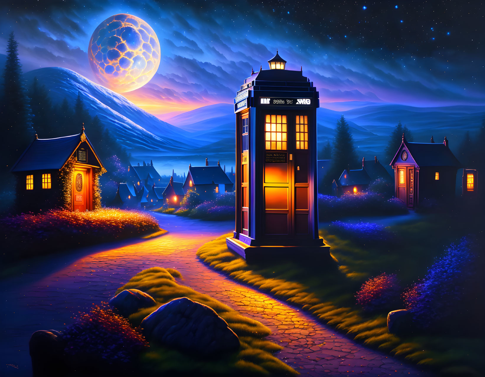 Full Moon Night Scene: Vintage Phone Booth in Quaint Village