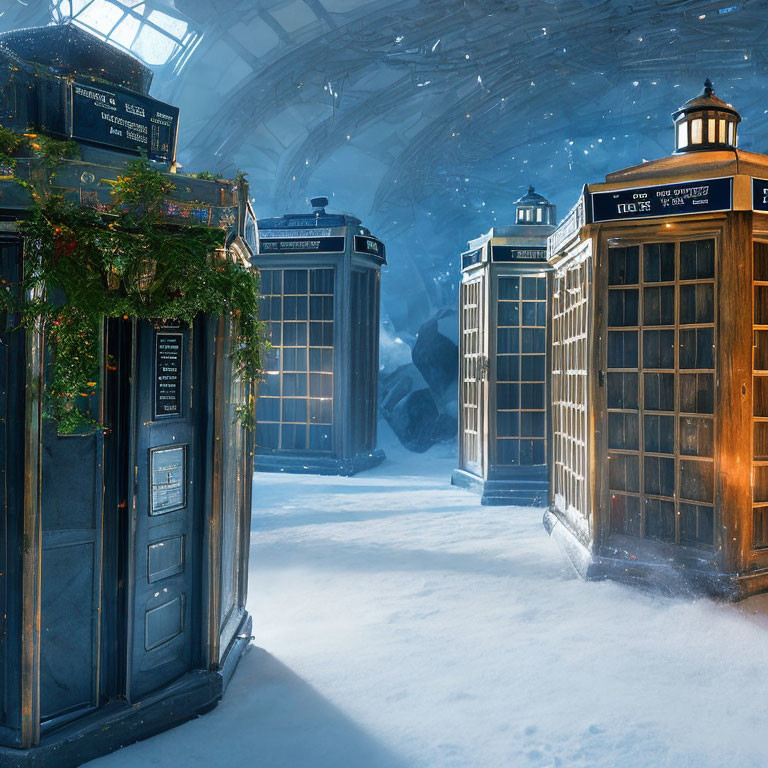 Blue Police Call Boxes in Snow-Filled Futuristic Setting