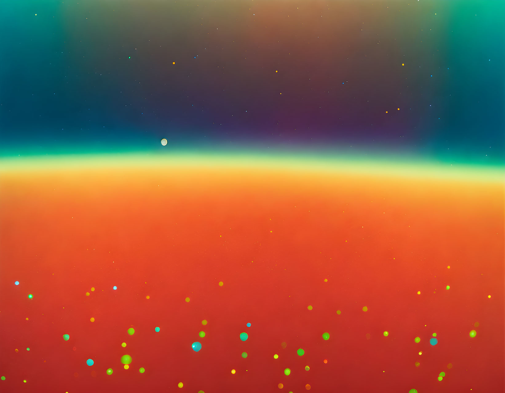 Colorful Digital Art: Smooth Orange Foreground, Speckled Pattern, Green & Blue Gradient Sky