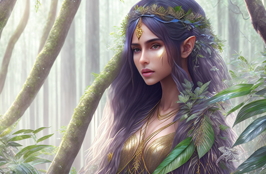 Purple-haired female elf with leafy crown in foggy forest.