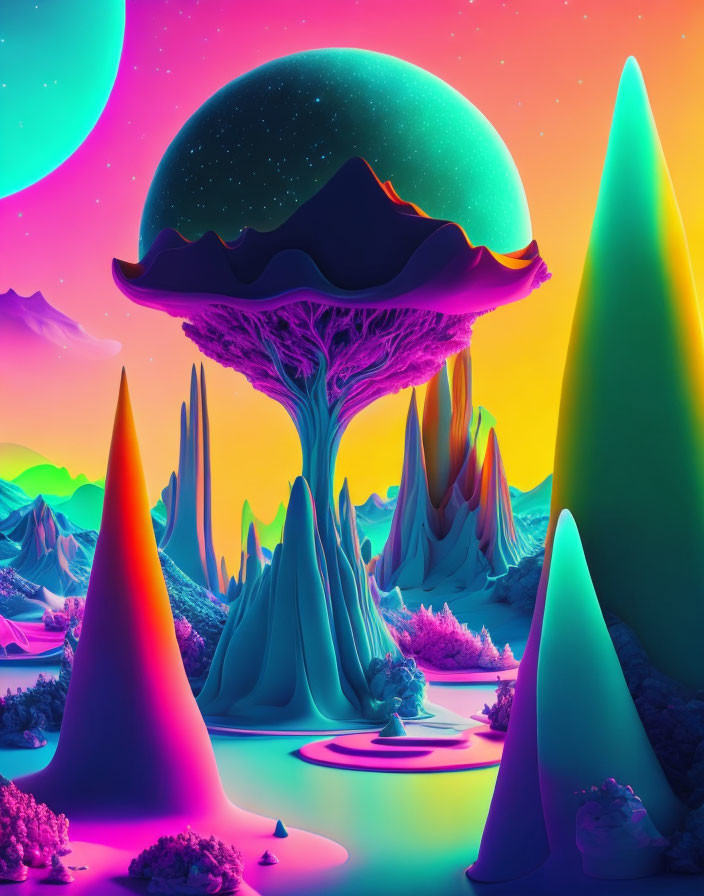 Vibrant surreal landscape with galaxy tree and dual moons