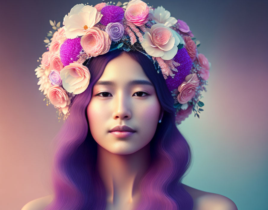 Purple-haired woman with floral crown on soft background