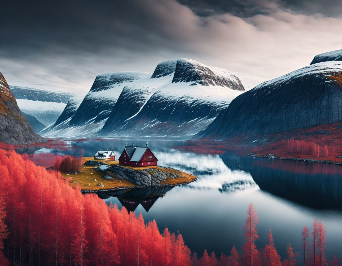 Scenic red-roofed house on islet in serene landscape