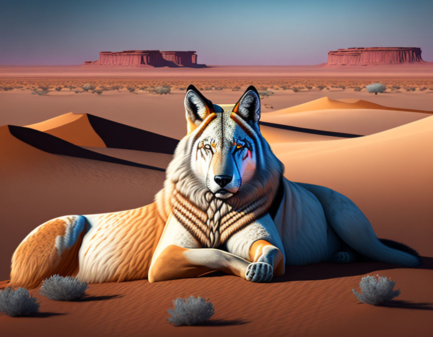 Majestic wolf with striking facial markings in desert sunset scene