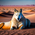 Majestic wolf with striking facial markings in desert sunset scene