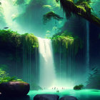 Tropical Waterfall with Lush Vegetation and Colorful Birds