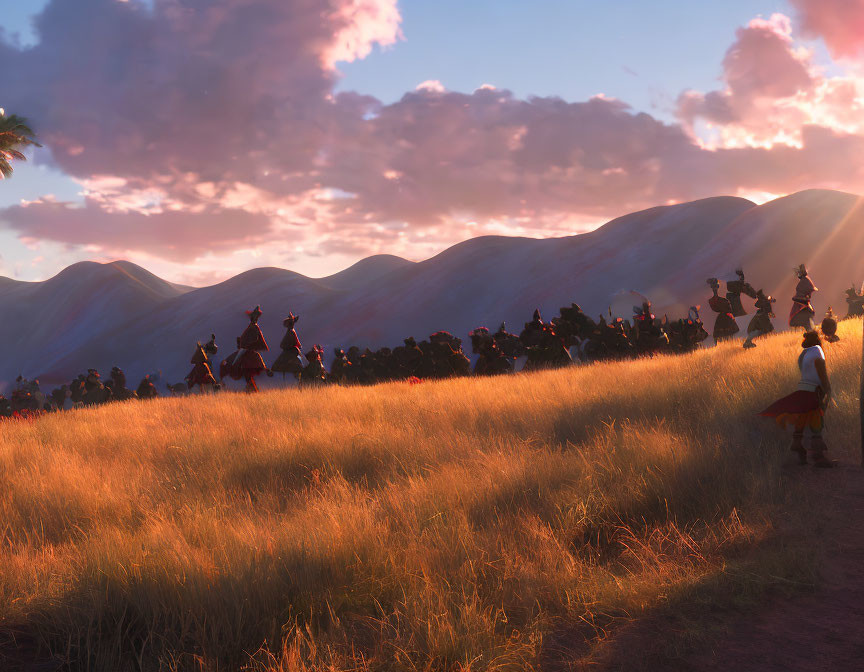 Scenic grassy plain at golden hour with silhouettes against vibrant sky