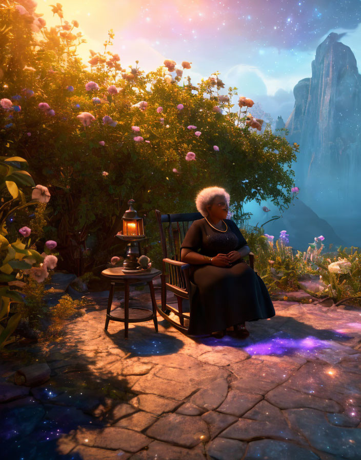 Elderly Woman on Bench at Twilight with Vibrant Flowers and Lit Lantern