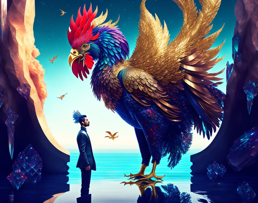 Man in suit gazes at giant, colorful rooster in fantastical setting