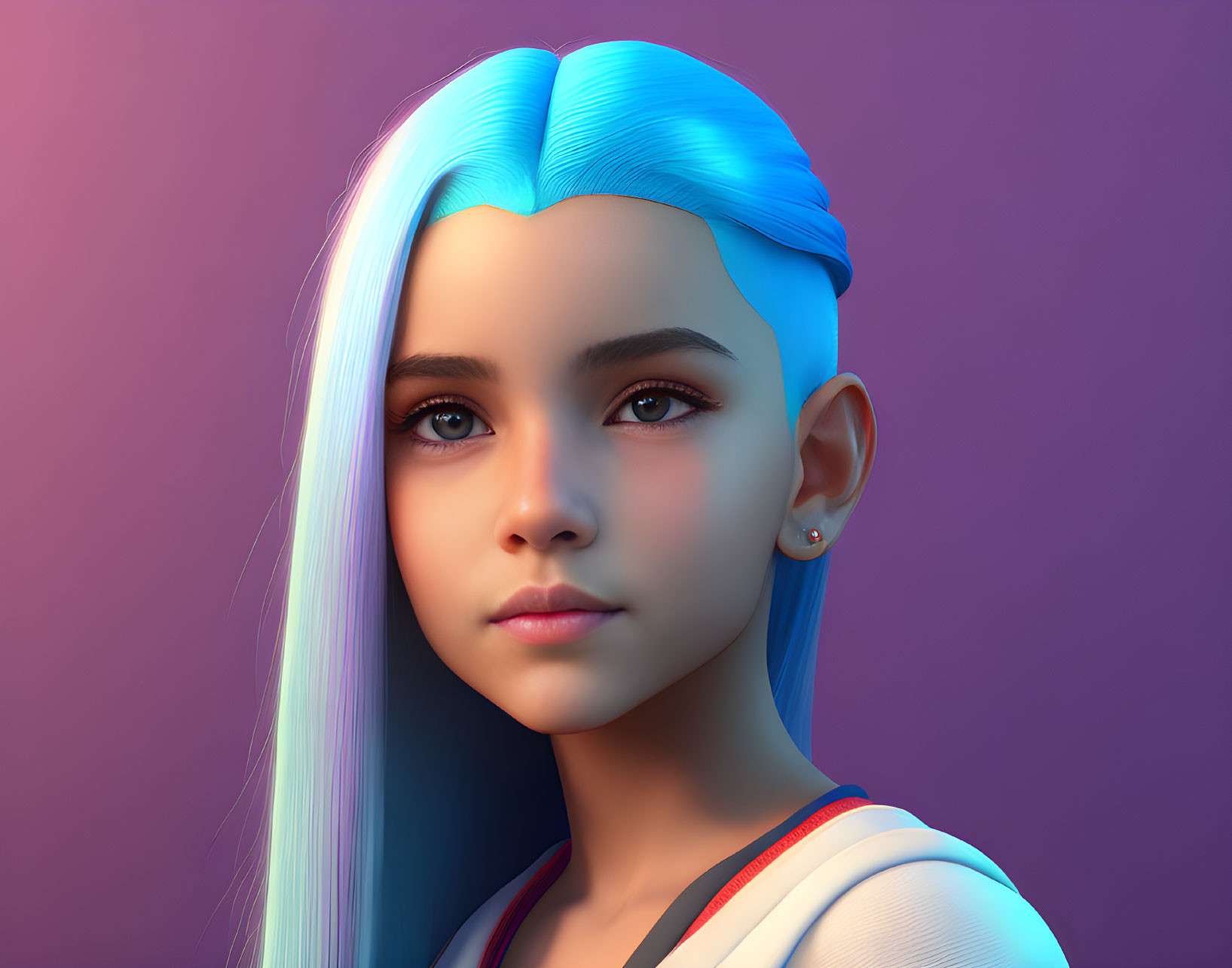 Colorful 3D digital illustration of a girl with blue and white ombre hair and mult