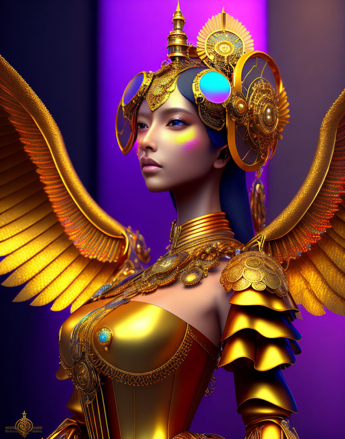 Detailed 3D Woman in Golden Armor with Mechanical Wings