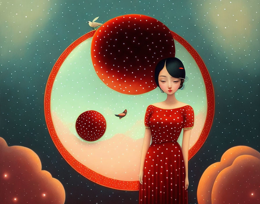 Illustration of girl in red polka dot dress with moons, stars, and birds.