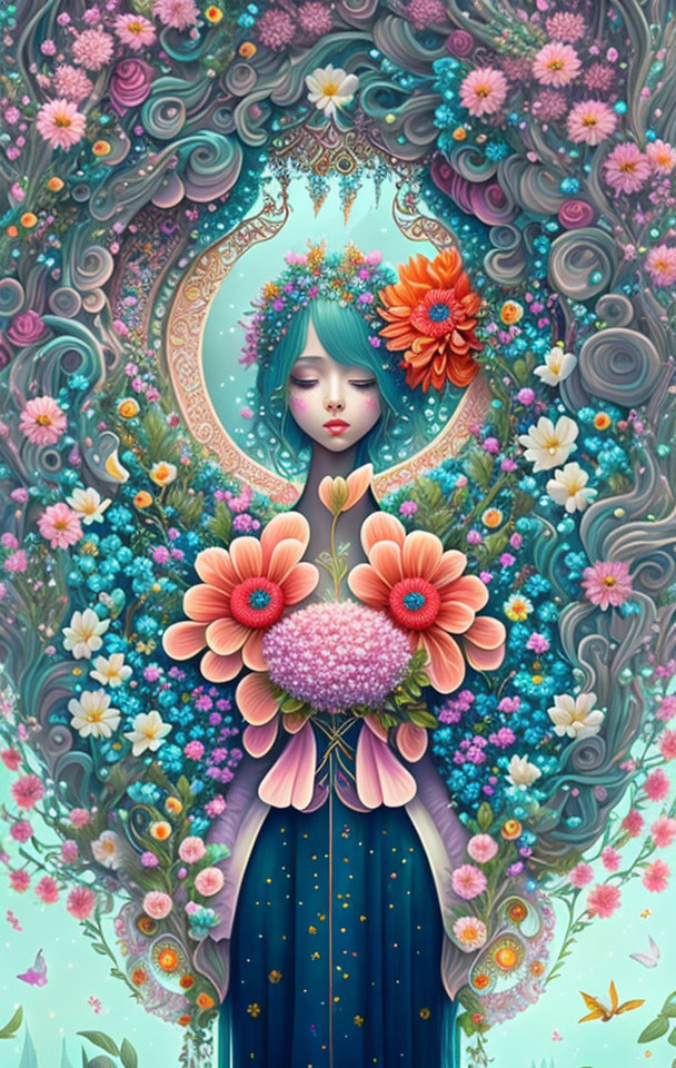 Colorful Woman Surrounded by Floral Motif and Fantasy Elements