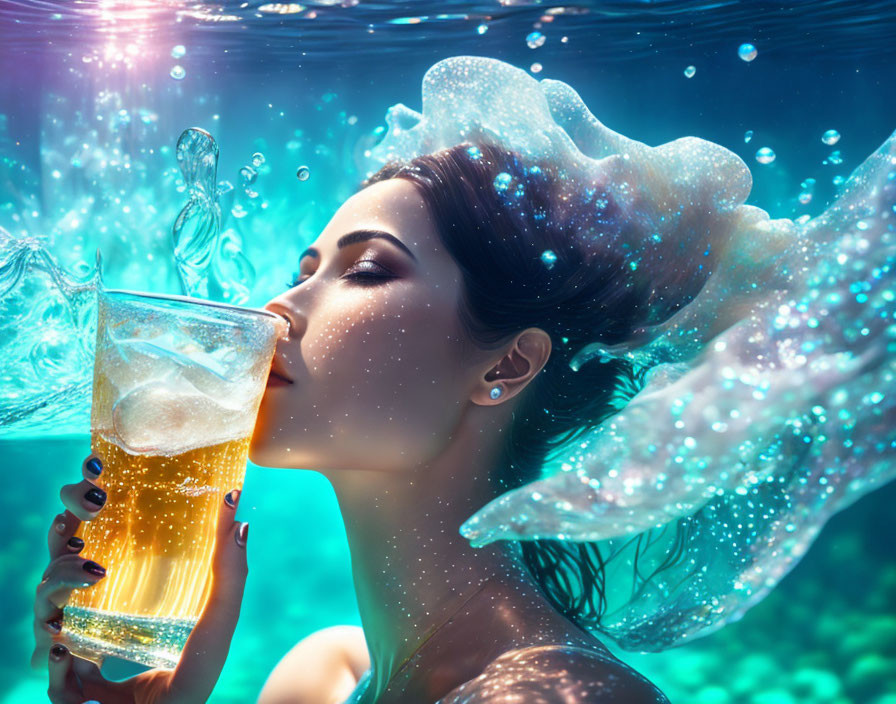 Woman with fairy wings drinking beer underwater surrounded by bubbles