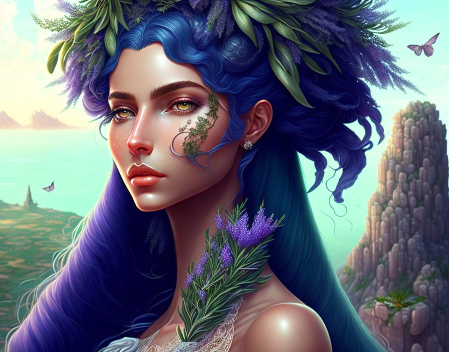 Fantastical portrait of a woman with blue hair, green eyes, wreath, butterflies, and