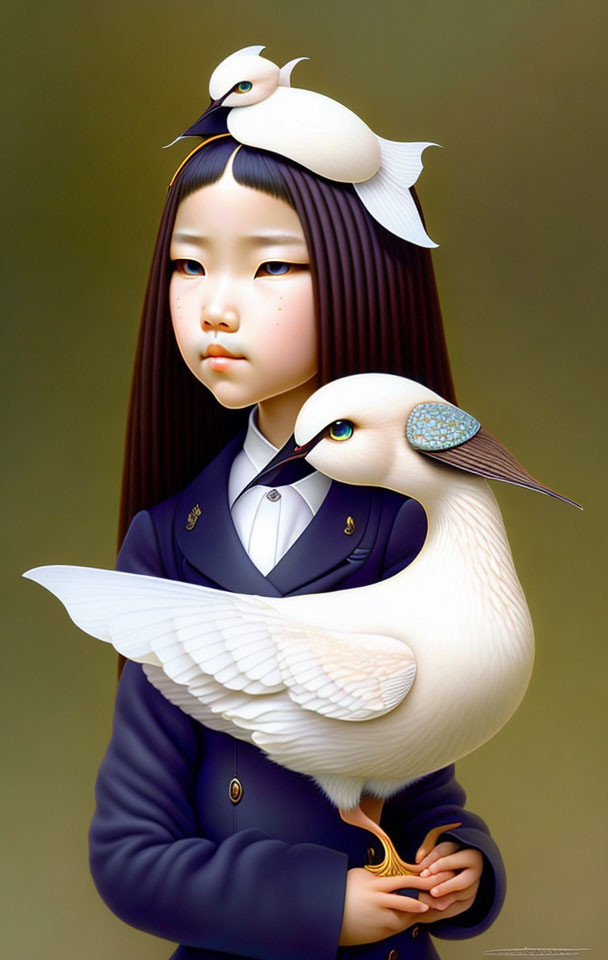 Girl with Two White Birds Illustration on Soft Background