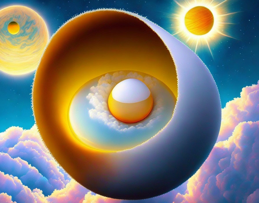 Surreal cosmic image: Nested egg structure with planets and clouds