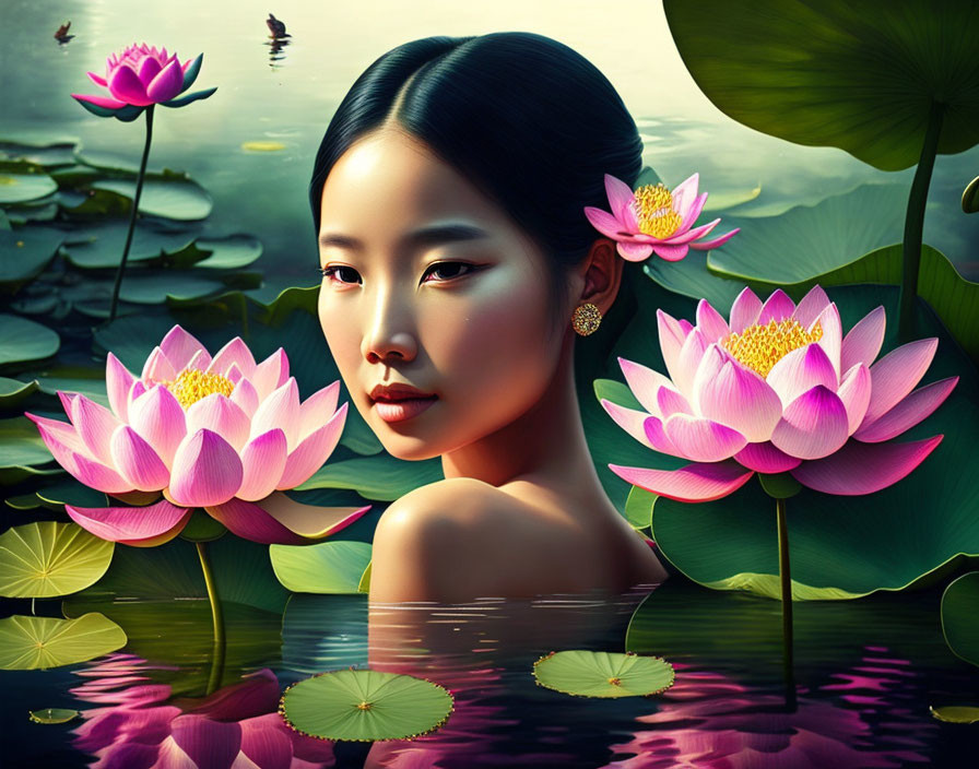 Digital Artwork: Serene Woman Among Pink Lotus Flowers