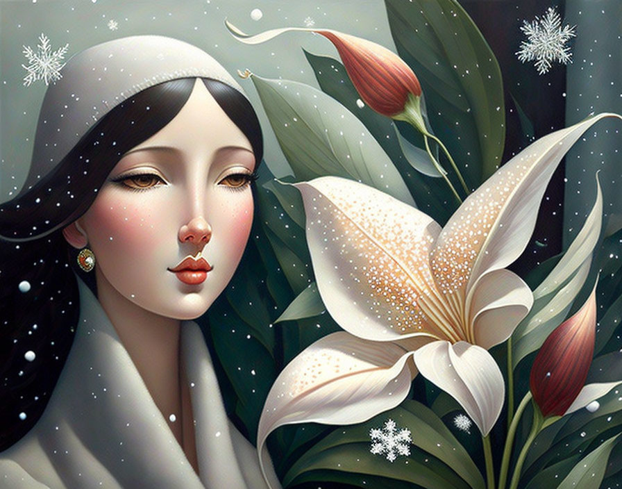 Pale-skinned woman with dark hair surrounded by lilies and snowflakes in serene winter scene