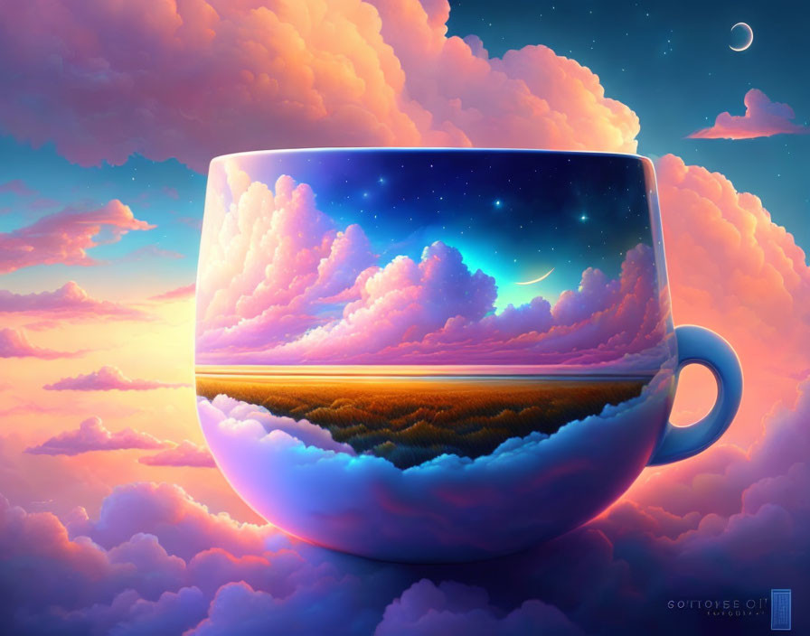 Surreal large mug with layered landscape, clouds, starry sky, colorful twilight.