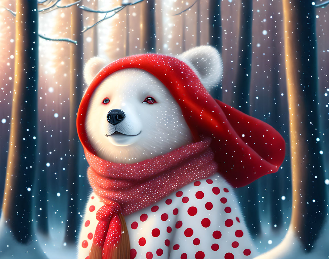 Illustrated bear with red scarf and cap in snowy forest illustration