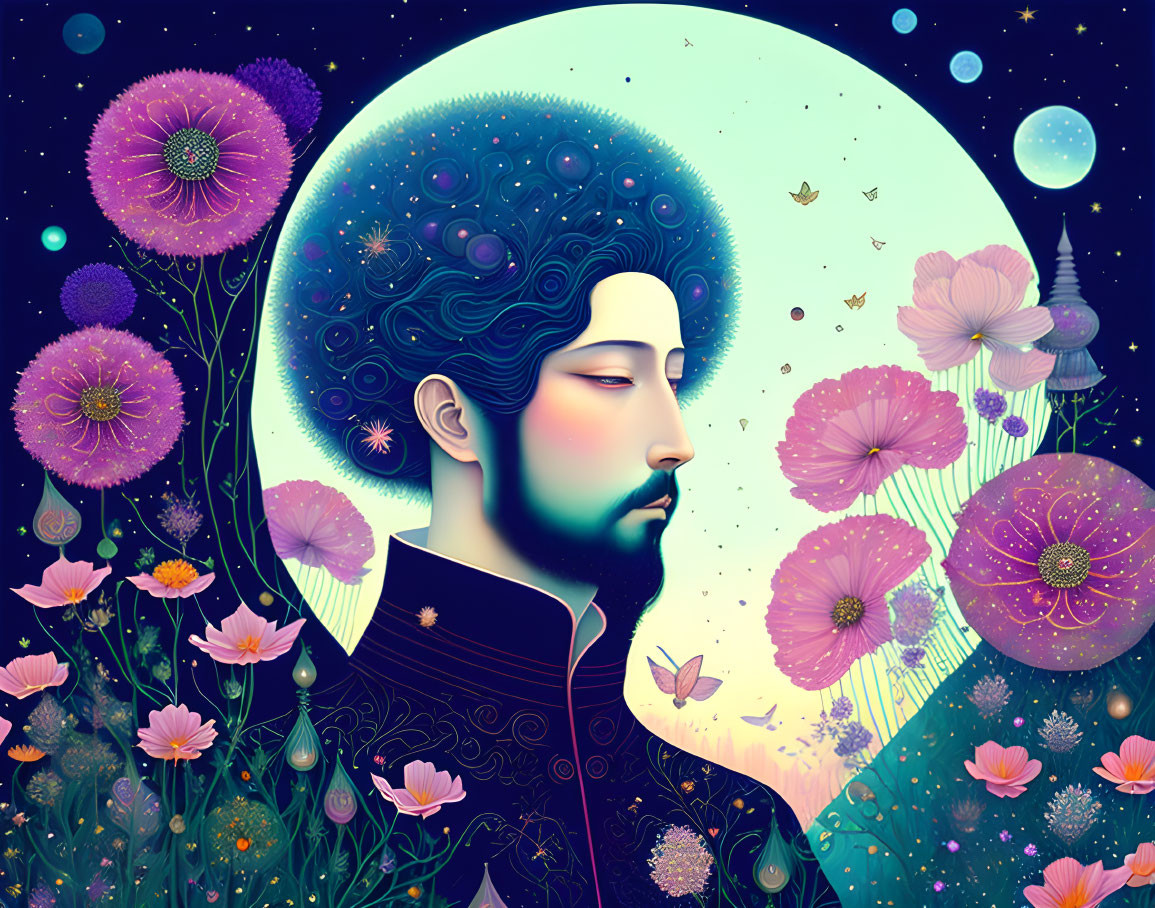 Colorful Profile Illustration with Cosmic and Floral Motifs